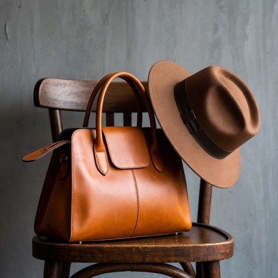 Brown Leather Handbag with Felt Hat