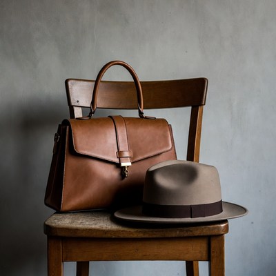 Brown leather handbag and fedora on chair