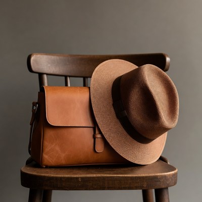 Brown leather bag and hat on chair