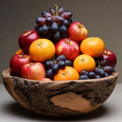 Wooden bowl of red apples, oranges, grapes