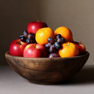 Wooden Bowl of Apples Oranges Grapes