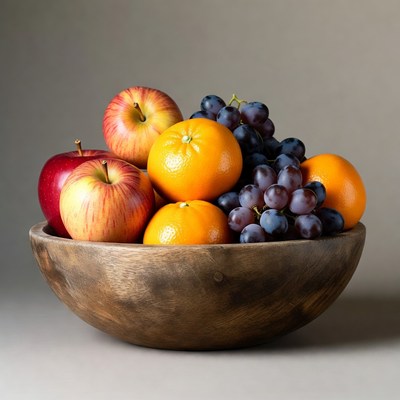 Wooden bowl of apples oranges grapes