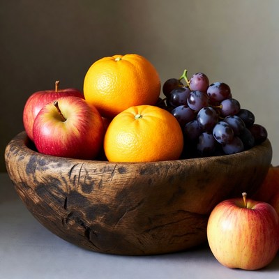 Wooden Bowl of Apples Oranges Grapes