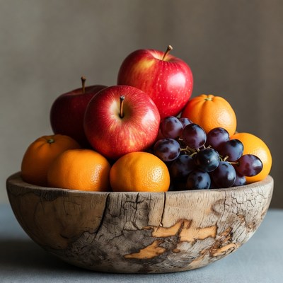Red Apples Oranges Grapes in Wooden Bowl