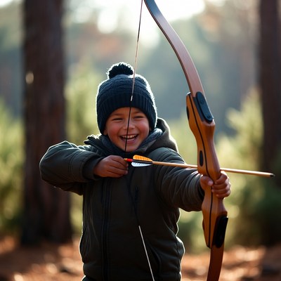 Boy shooting bow and arrow in forest