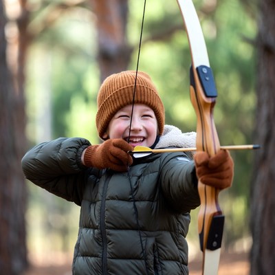 Boy shooting bow and arrow in forest