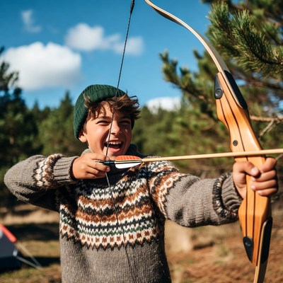 Boy shooting bow and arrow outdoors