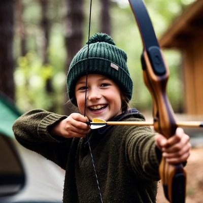 Girl shooting bow and arrow outdoors