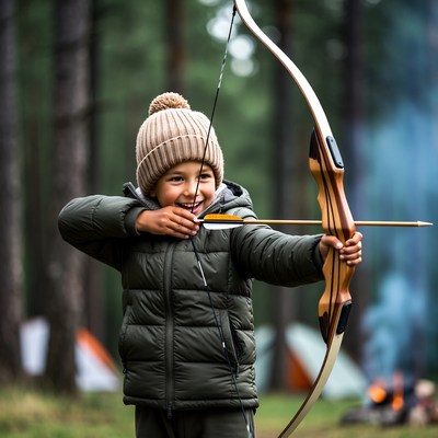 Boy shooting bow in forest campsite