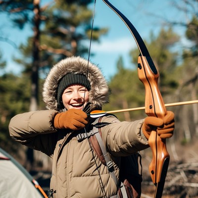 Girl shooting bow in snowy forest