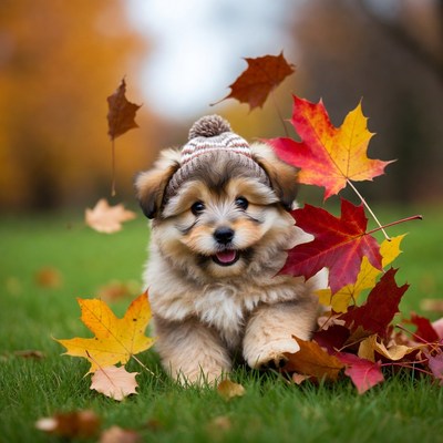 Puppy in knit hat with autumn leaves