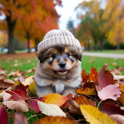 Puppy Wearing Beanie in Autumn Leaves