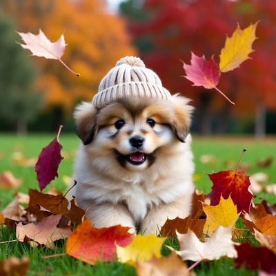 Fluffy Puppy Wearing Beanie in Autumn Leaves