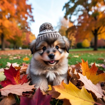 Puppy in knit hat on autumn leaves