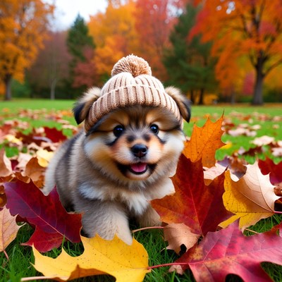 Puppy Wearing Beanie in Autumn Leaves