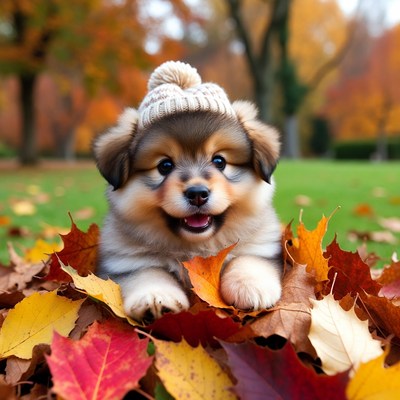Puppy in knit hat on autumn leaves