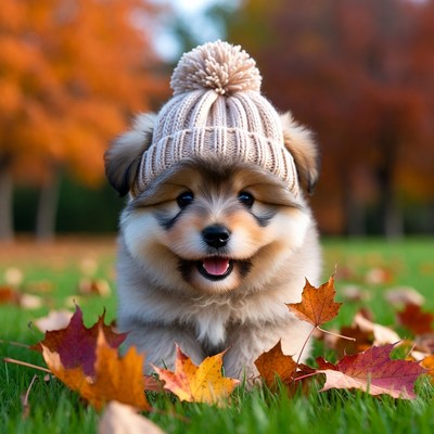 Puppy Wearing Beanie in Autumn Leaves