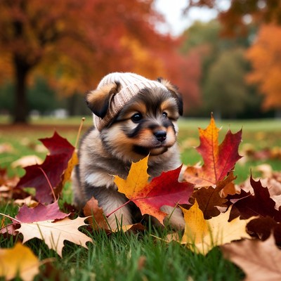 Puppy in knit hat among autumn leaves