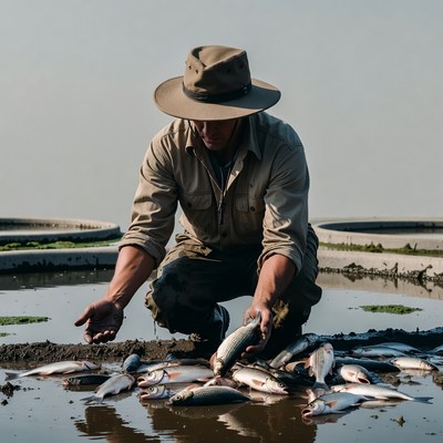 Man holding tilapia fish in pond