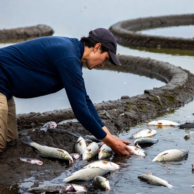 Person harvesting fish from muddy ponds