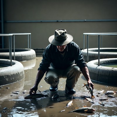 Man holding fish in aquaculture tanks