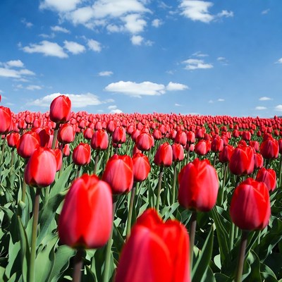Red Tulip Field Under Blue Sky