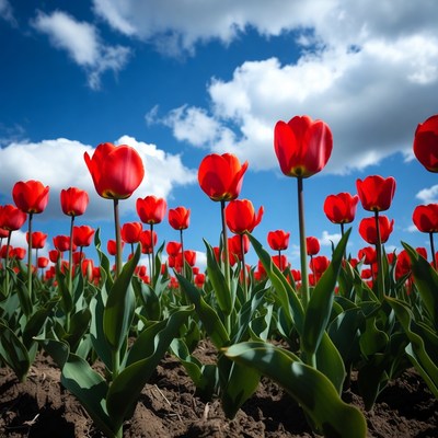 Red Tulip Field Under Blue Sky