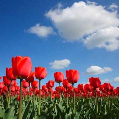 Red Tulip Field Under Blue Sky