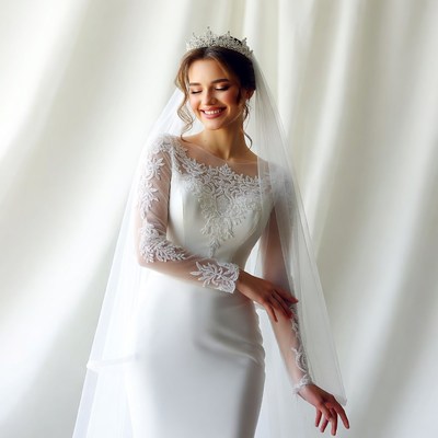 Bride in Lace Wedding Dress with Veil
