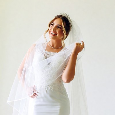 Bride holding veil smiling