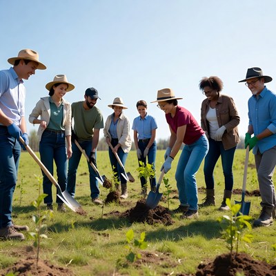 Group planting trees in field