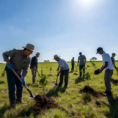 Men planting trees in field
