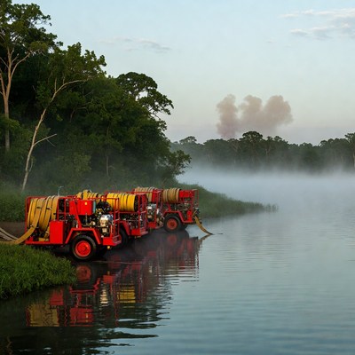 Red Fire Trucks by Misty Lake