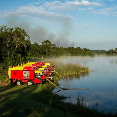 Red Fire Trucks Pumping Water Lake