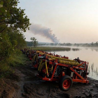 Red fire trucks by misty lake
