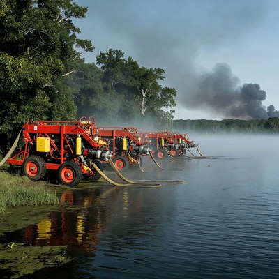Red Fire Trucks Pumping Water from Lake