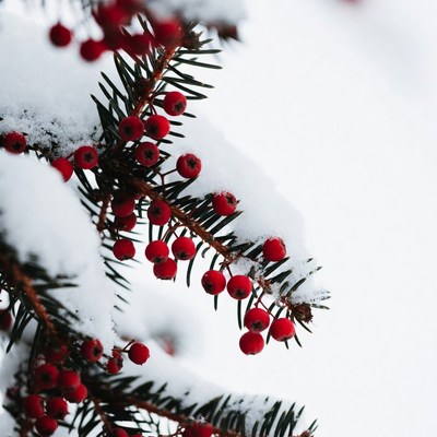 Snow-Covered Red Berries on Pine Branch