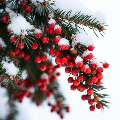 Snowy Pine Branch with Red Berries