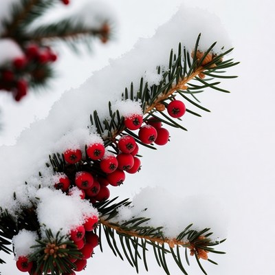 Snowy pine branch with red berries