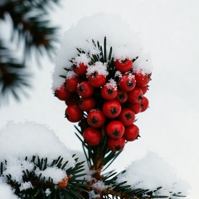 Snow-Covered Red Berries on Pine Branch