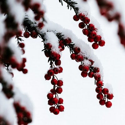 Snow-covered red berries on branch
