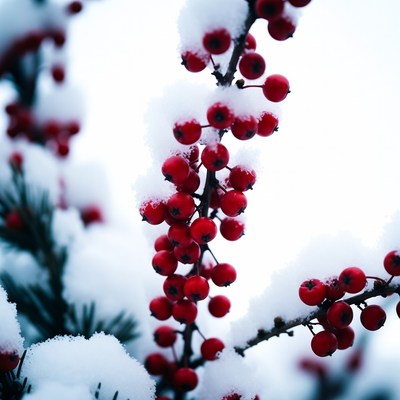 Snow-covered red berries on branch