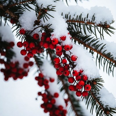 Snowy Pine Branch with Red Berries
