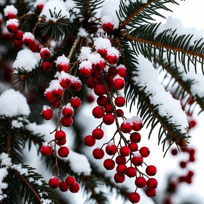 Snow-Covered Red Berries on Fir Branch