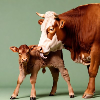 Mother Cow Licking Calf