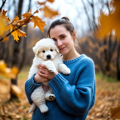 Woman holding white puppy in autumn forest