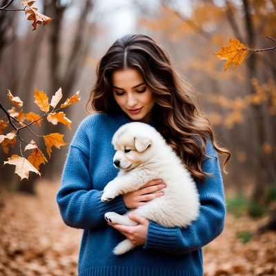 Woman holding white puppy in autumn forest