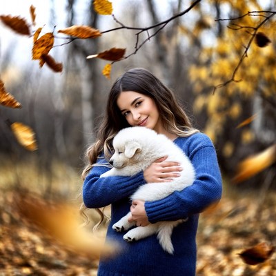 Woman holding white puppy in autumn forest