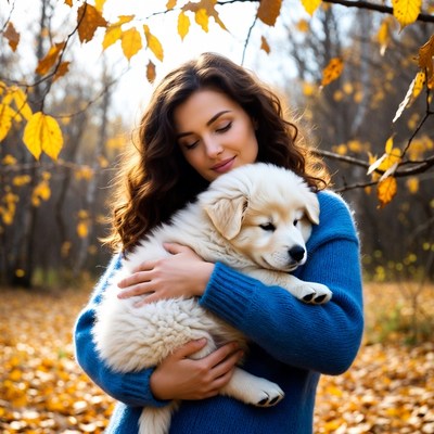 Woman hugging white puppy in autumn forest