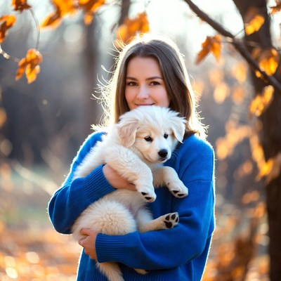 Woman holding white puppy in autumn forest